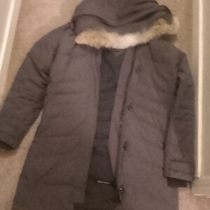 Gray Hooded Coat with Fur Trim